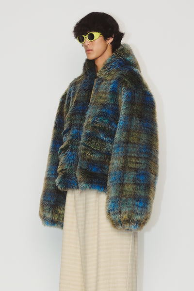 HARLOW PLAID FAUX-FUR JACKET ECLIPSE GRID