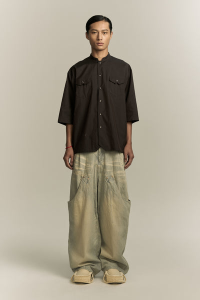 KENT QUARTER SLEEVE MANDARIN SHIRT SHIITAKE BROWN