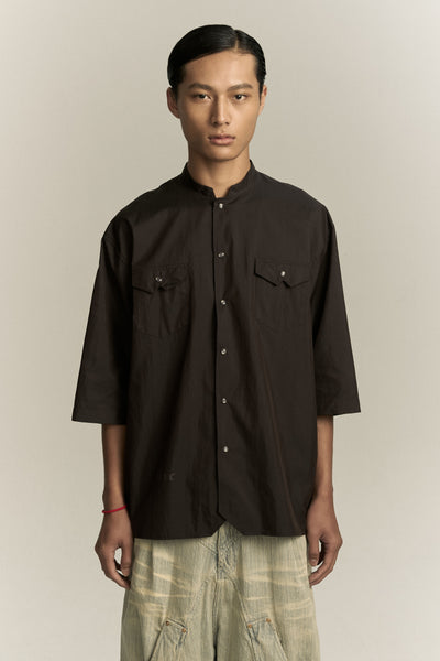 KENT QUARTER SLEEVE MANDARIN SHIRT SHIITAKE BROWN