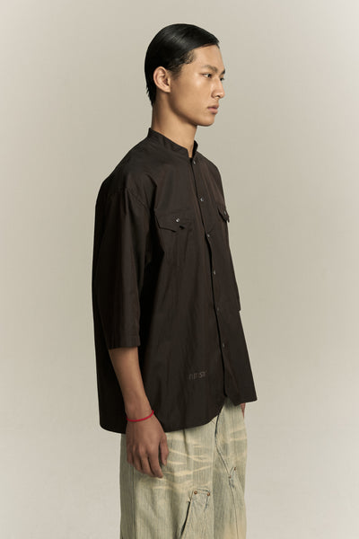 KENT QUARTER SLEEVE MANDARIN SHIRT SHIITAKE BROWN